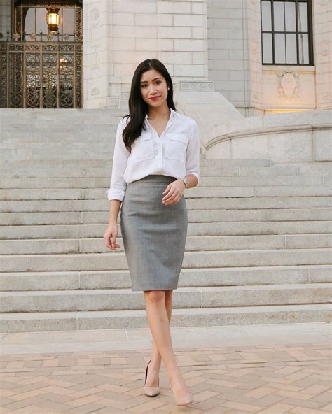 Gray Pencil Skirt White Pocket Blouse Nude Heels Fall Outfits For