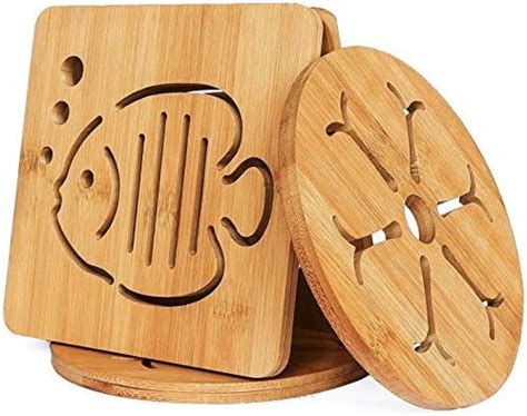 BELLE VOUS Bamboo Heat Resistant Hot Pads Trivet Set 4 Pack 15 X 15cm 6 X 6 Inches Non