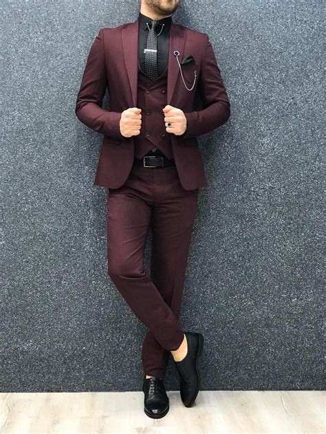 Men Suits Men Burgundy Formal Fashion Slim Fit 3 Piece Wedding Groom