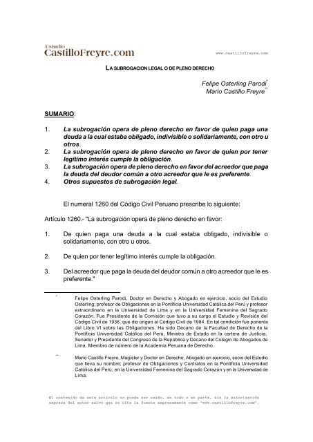 La Subrogación Legal o de Pleno Derecho en Estudio Castillo