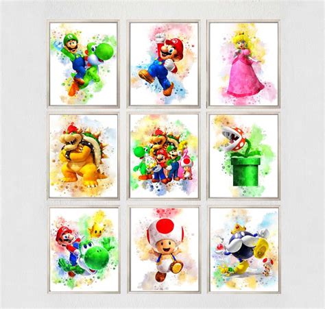 Set 9 Mario Prints Printable Art Super Mario Poster Mario Print Watercolor Mario Bros Wall Decor