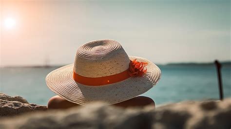 Una Mujer Con Sombrero Se Sienta En Una Playa Con La Puesta De Sol