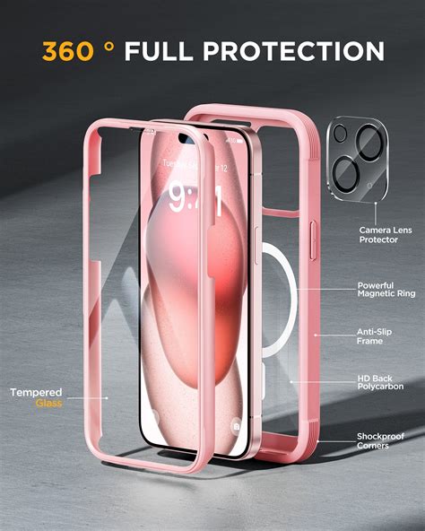 iPhone 15 - Pink : Cases Villa 360° Protection Case 9H Tempered Glass