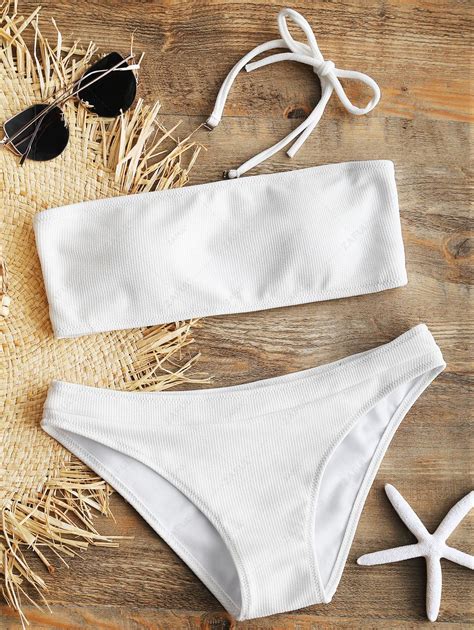 Halter Ribbed Texture Bikini Set In White Zaful