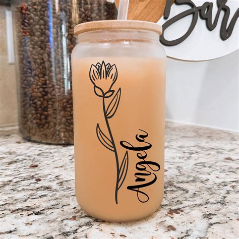 Wildflower Personalized Iced Coffee Cup Floral Glass Can W Lid Straw