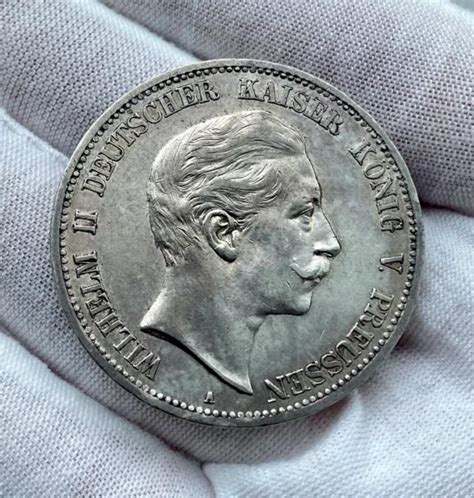 1908 GERMANY PRUSSIA Silver 5 Funf Mark Kaiser Wilhelm II Uncirculated