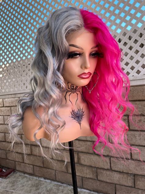 Custom Human Hair Hot Pink And Silver Wig