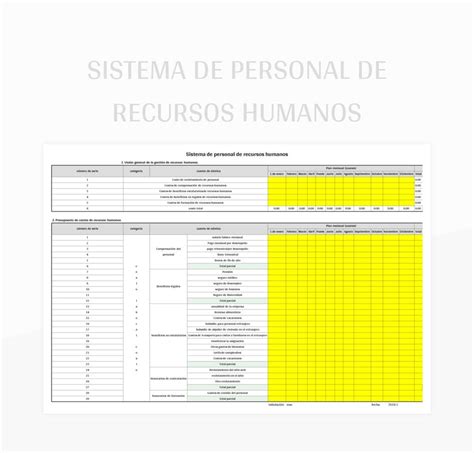 Plantilla De Formato Excel Tabla Del Sistema De Gestión De Recursos Humanos Y Hoja De Cálculo De