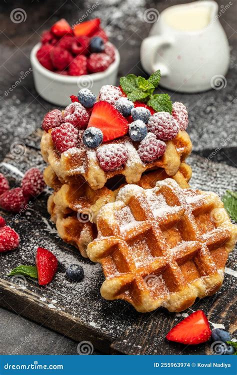 Berry Belgian Waffle With Raspberries Strawberries And Blueberries