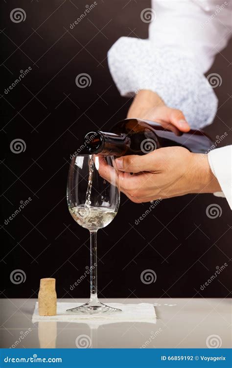 Man Waiter Pouring White Wine Into Glass Stock Photo Image Of White