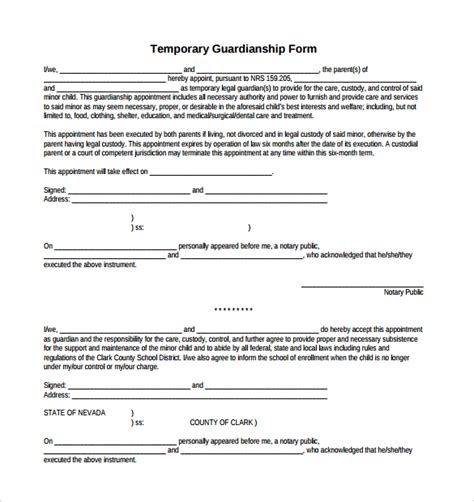 Free Sample Temporary Guardianship Forms In Pdf Ms Word