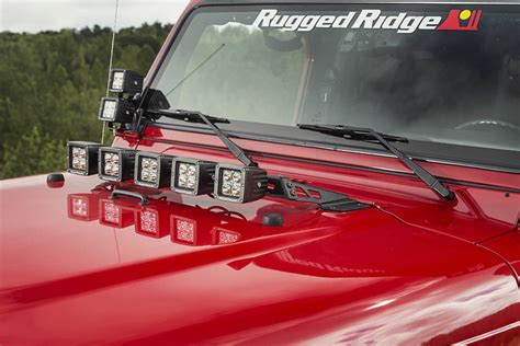 Rugged Ridge Light Bar Hood Mount with Five 3" Square 16 Watt LED Lights for 97-06 Jeep Wrangler ...