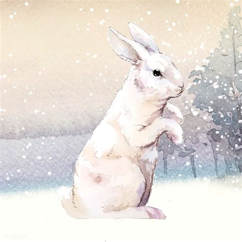 Wild White Rabbit In A Winter Wonderland Painted By Watercolor Vector