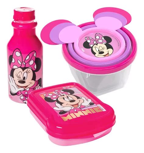 Kit Potes E Garrafa Infantil Minnie Rosa Lanche Escolar Parcelamento