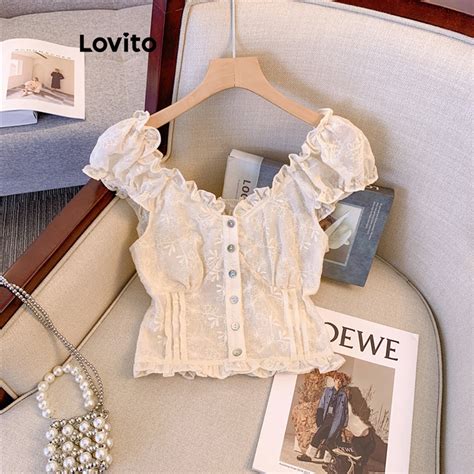 Lovito Women Casual Plain Eyelet Embroidery Button Front Lettuce Trim