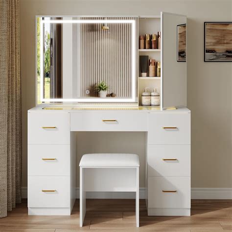 Vanity Set With Lighted Mirror Makeup Vanity Table With 7 Drawers And Cushioned Stool Dressing