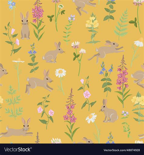 Seamless Pattern With Rabbits And Flowers Vector Image