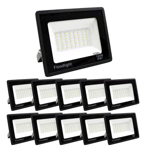 Kit de 10 focos LED SMD 100 W bivolt IP66 luz fría carcasa negra