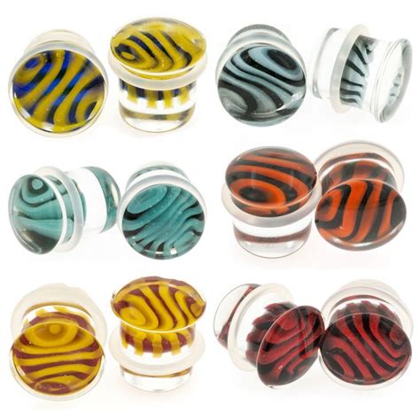 Gorilla Glass Pair Of Glass Single Flared Tiger Stripes Plugs