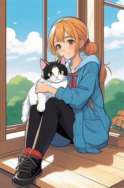 Colorful Anime-style Image of a Girl Holding a Cat Near a Sunny Window Stock Illustration ...