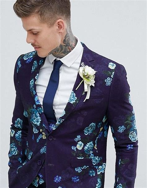 Asos Asos Design Wedding Skinny Suit Jacket In Navy Floral Linen Look