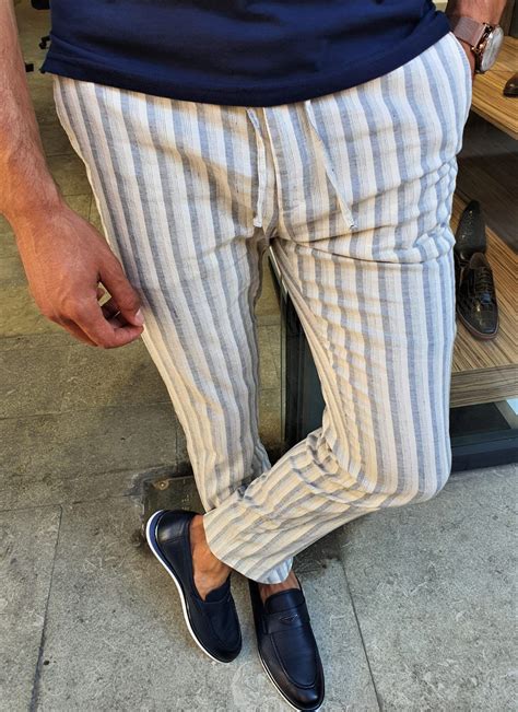 Gentwith Newark Navy Blue Slim Fit Laced Striped Linen Pants Striped