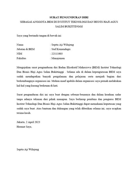 contoh surat pengunduran diri  organisasi bem