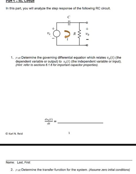 Solved Part 1 Rc Circuit In This Part You Will Analyze The Step Response Of The Following Rc