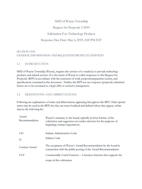 Fillable Online MSD Of Wayne Township Request For Proposal 5 2019