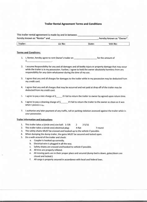 Trailer Rental Agreement Contract Terms And Conditions Pdf Printable Fillable Downloadable