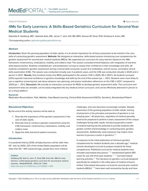 Pdf 4ms For Early Learners A Skills Based Geriatrics Curriculum For