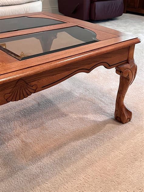 Oak Clawfoot Coffee Table With Smoked Glass Panels