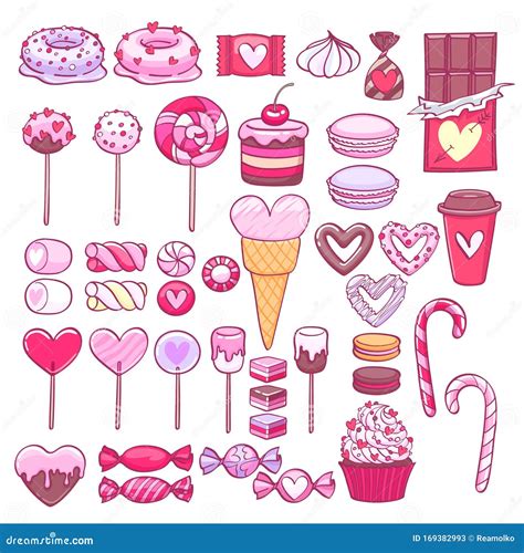 Valentine`s Day Sweets And Cookies Set Assorted Candies Stock Vector