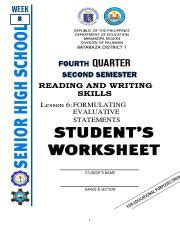 Rws Week Formulating Evaluative Statements Worksheet Pdf Reading