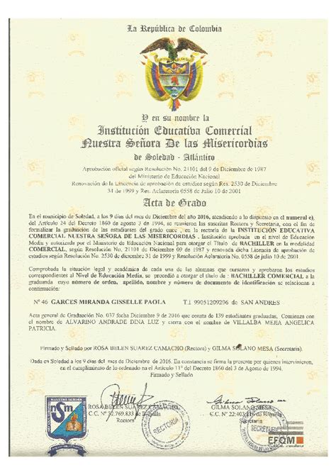 Acta De Grado De Bachiller Ministerio De Educacion Actualizado