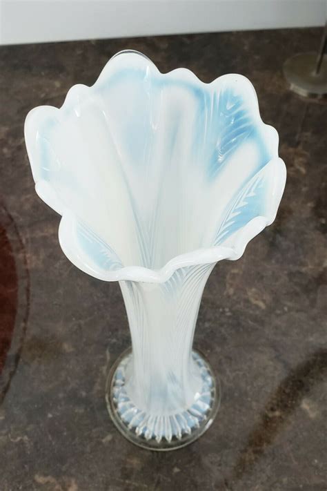 Antique Opalescent Glass Vase Feathers Pattern By Northwood Early 1900s Opalescent