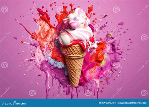 Illustration Showcasing An Ice Cream Cone With Vibrant Colors Melting Into A Creative Splash