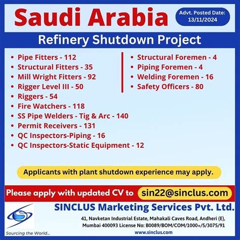 Job Opportunities In Saudi Arabia For Refinery Shutdown Project