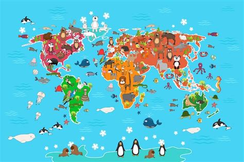 Premium Vector | World map with cartoon animals