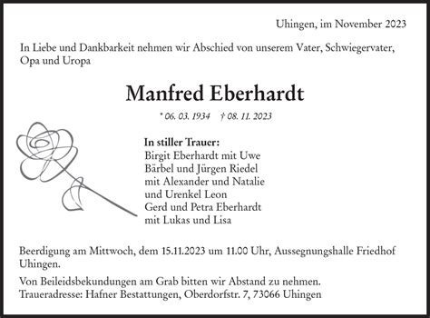 Traueranzeigen Von Manfred Eberhardt S Dwest Presse Trauer