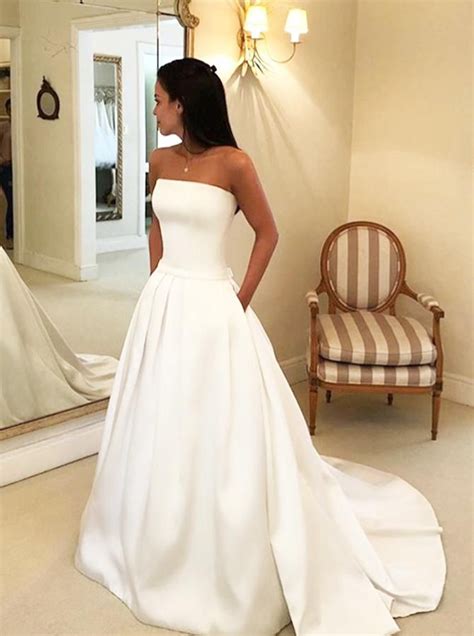 A Line Satin Wedding Dress With Pockets Strapless Simple Wedding Gown