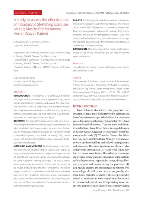 (PDF) A study to assess the effectiveness of Intradialytic Stretching Exercises on Leg Muscle ...