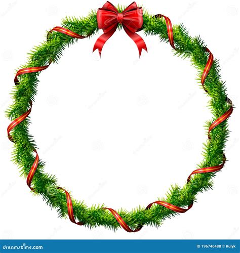 Thin Christmas Wreath With Red Bow And Ribbon Stock Vector