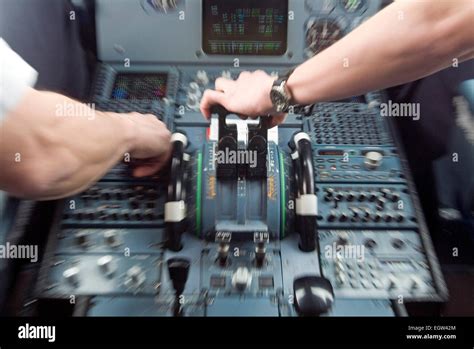 Cockpit of a Germanwings Airbus A320 airplane with instruments, blurred ...