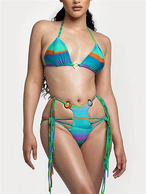 Emmiol Free Shipping 2025 Printed O Ring String Bikini Set Blue M In