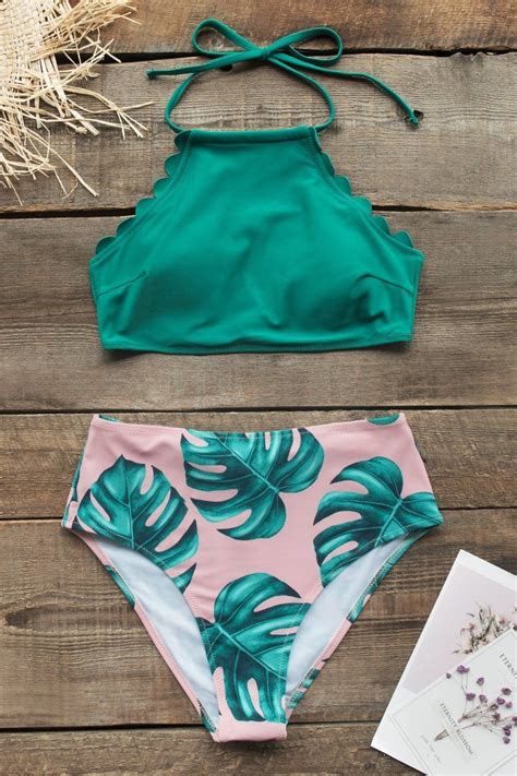 Bikini Halter De Cuello Alto Con Estampado De Verde Azulado Y Palma