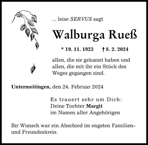 Traueranzeigen Von Walburga Rue Augsburger Allgemeine Zeitung