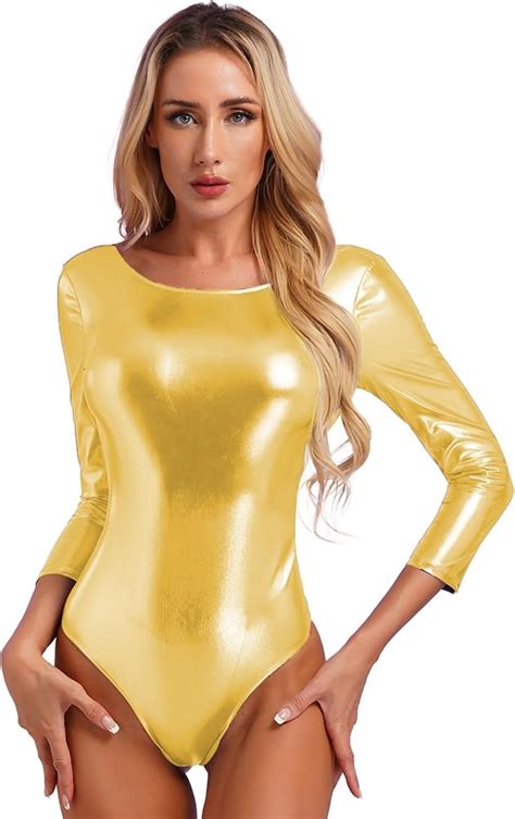 Chictry Womens One Piece Shiny Metallic Bodysuit High Cut Gymnastics