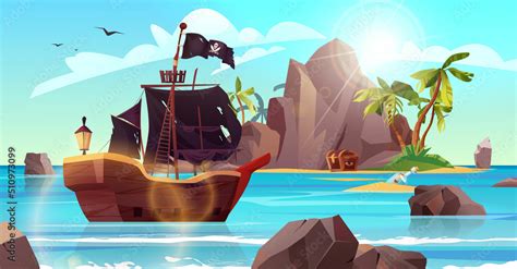 Grafika Wektorowa Stock Rocky Island With Pirate Ship Flag And Palm