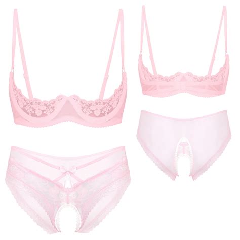 Aislor Women S Sheer Lace Lingerie Set Open Cup Bra Tops With Crotchless Briefs Underwear Pink A
